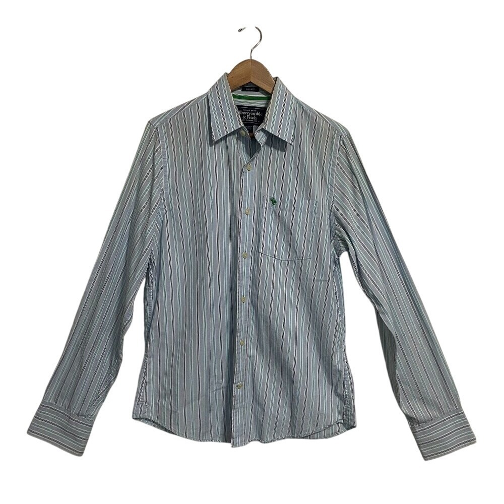 Abercrombie & Fitch Button Down Mens L Blue Striped Excellent‎ Muscle Fit Cotton
